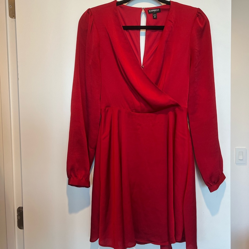 Red Satin Long Sleeve Mini Dress